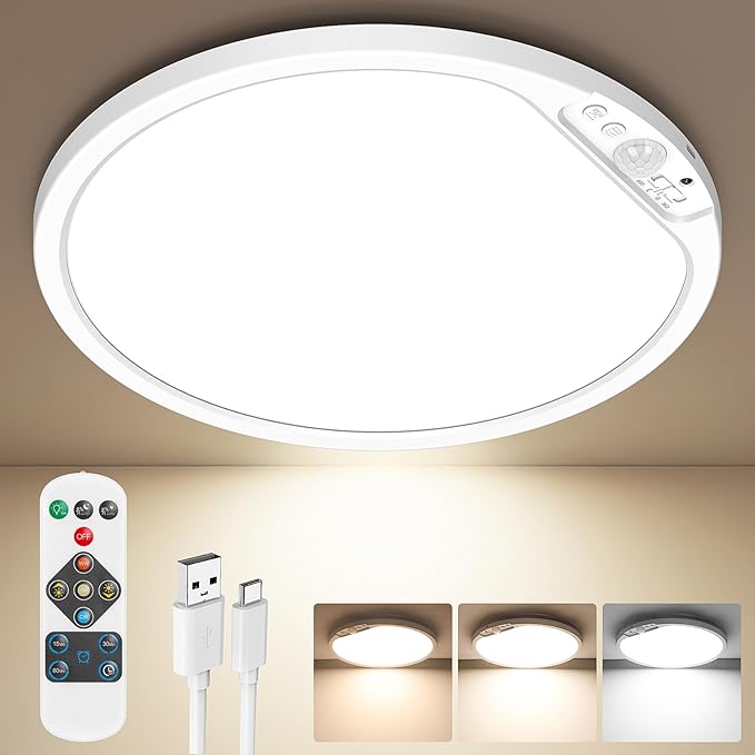Rechargeable Motion Sensor Ceiling Light, 12000mAh Battery Closet Light | 12" Wireless Battery Powered LED Shower Light, Magnetic Cordless Ceiling Light with Remote, Overhead Lamp for Pantry Hallway