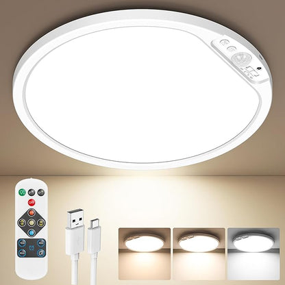 Rechargeable Motion Sensor Ceiling Light, 12000mAh Battery Closet Light | 12" Wireless Battery Powered LED Shower Light, Magnetic Cordless Ceiling Light with Remote, Overhead Lamp for Pantry Hallway