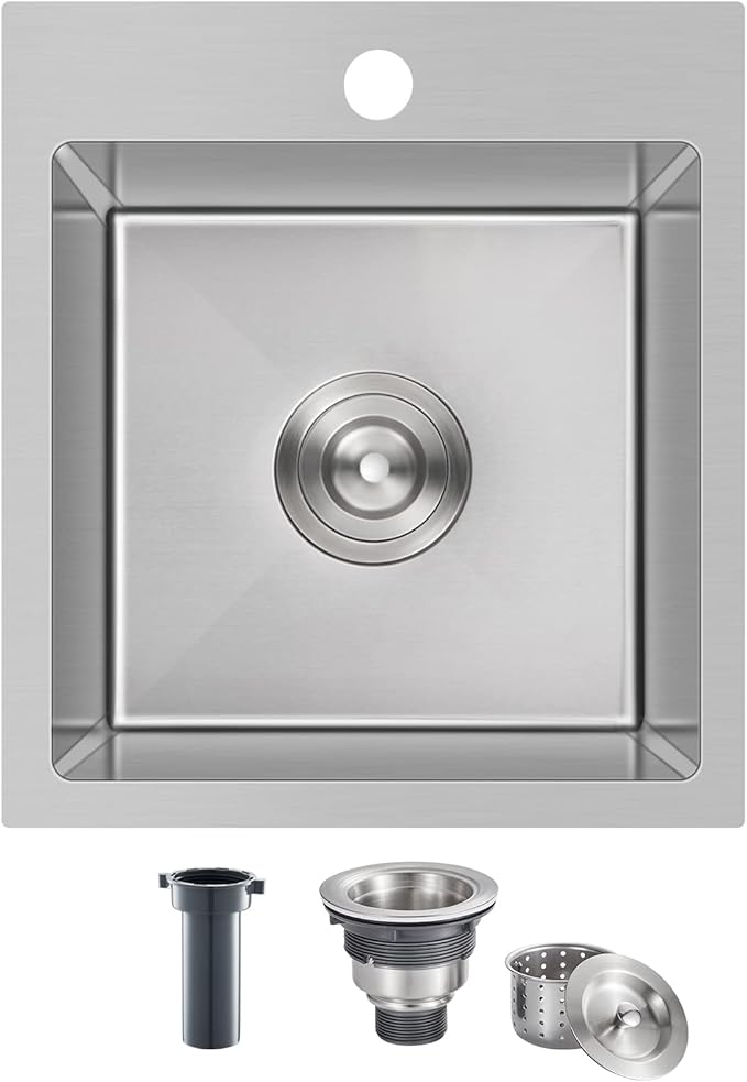 15 inch Bar Sink Drop in, 304 Stainless Steel Sink Single Bowl, 15"x17"x8" Small Sink Topmount for Wet Bar, Prep, RV, Apartment and Tiny Homes, Brushed