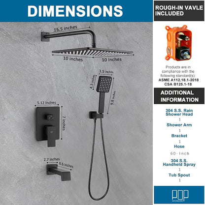 Matte Black Shower Tub Faucet Set Bathroom Rain Shower System with Tub Spout Wall Mounted Rainfall 10 Inch Shower Head and Handle Set Include Shower Valve and Trim Kit
