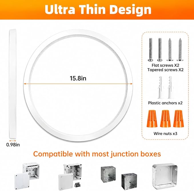 15.8Inch LED Flush Mount Ceiling Light,5CCT,ETL Listed,Dimmable White | Hardwired 5CCT Selectable 2700K-5000K,30W 3400LM Dimmable Round Flat Panel Light Fixture for Living/Bedroom,Porch&Indoor