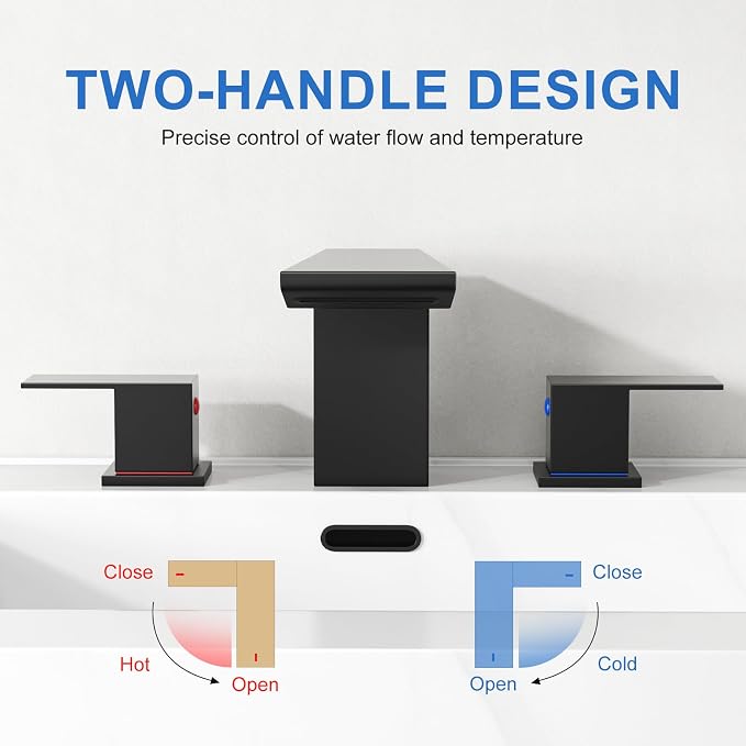 RUMOSE Bathroom Faucets 3 Hole Black Bathroom Sink Faucet with Drain | 8 Inch Mixer Widespread Waterfall Vanity Two Handle Lavatory Bath Tap, Pop Up Drain, Stainless Steel