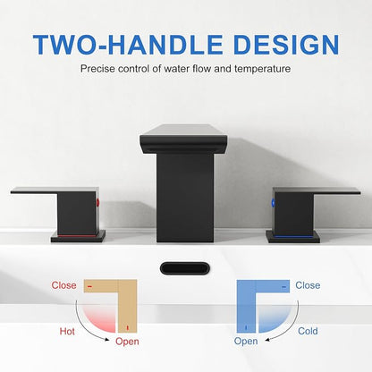 RUMOSE Bathroom Faucets 3 Hole Black Bathroom Sink Faucet with Drain | 8 Inch Mixer Widespread Waterfall Vanity Two Handle Lavatory Bath Tap, Pop Up Drain, Stainless Steel