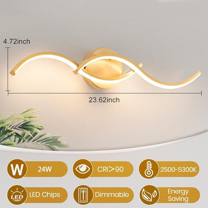 Gold Curved 5CCT Bathroom Vanity Light Fixture Over Mirror, 23.62 inch Modern LED Wall Lamp Dimmable Bathroom Light Fixture Modern Wall Sconces