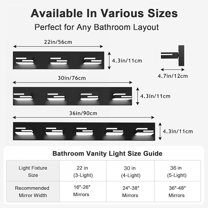 LED Modern Bathroom Vanity Light Fixtures, Dimmable Matte Black Vanity Lights for Bathroom Lighting Fixtures Over Mirror, with 360° Rotatable Acrylic Heads 3-Light 22-inch 5CCT
