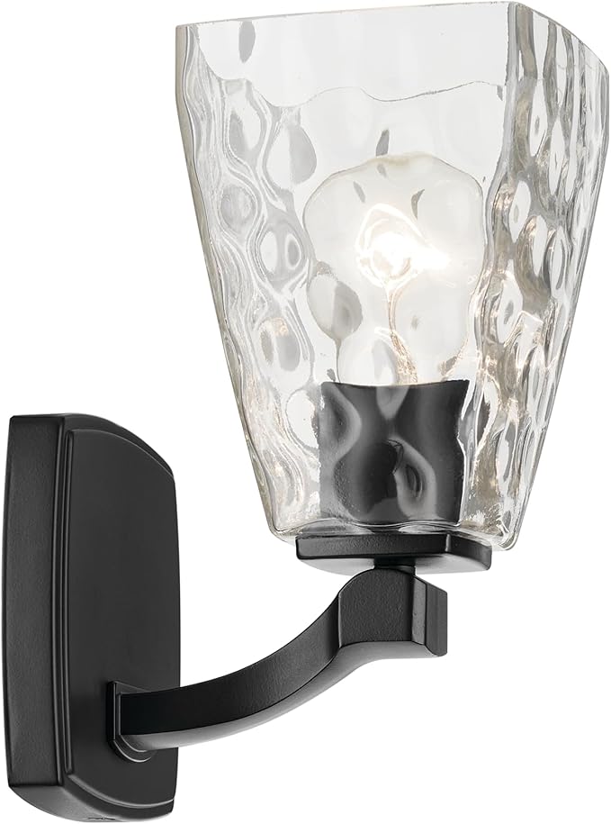 Kichler Marant 5" 1-Light Wall Sconce with Clear Water Glass in Black, for Bathroom, Powder Room, Hallways, (5" W x 9.5" H), 55214BKWTR