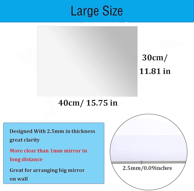16" x 12" x 2Pcs Acrylic Mirror Sheets, Decorative Wall Mirrors | Flexible Body Mirror Tiles with Self Adhesive Tapes, Non Glass Mirror Stickers for Bathroom Bedroom Home Wall Decor
