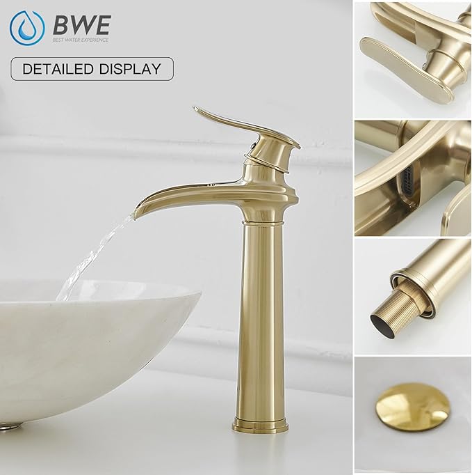 BWE Bathroom Vessel Sink Faucet Waterfall Spout Single Handle One Hole Solid Brass Deck Mount Brushed Gold Lavatory Mixer Tap Lavatory Vanity Sink Faucet with Pop Up Drain
