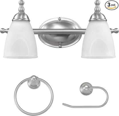 Globe Electric 63000104 3-Piece Bath Accessories, Satin Nickel Finish, 15" 2-Light Vanity Light, Alabaster Glass Shades, Toilet Paper Holder, Towel Ring, Bathroom Décor, Home Essentials