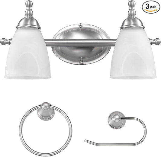 Globe Electric 63000104 3-Piece Bath Accessories, Satin Nickel Finish, 15" 2-Light Vanity Light, Alabaster Glass Shades, Toilet Paper Holder, Towel Ring, Bathroom Décor, Home Essentials