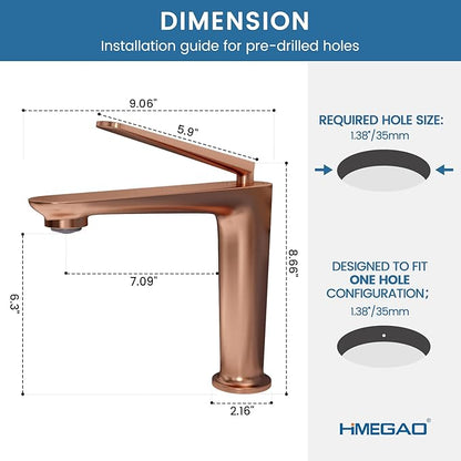 Bathroom Faucet Rose Gold, One Hole Single Handle Vessel Sink Faucet, Brass Bathroom Faucet for Vanity Sink Restroom Guestroom RVs