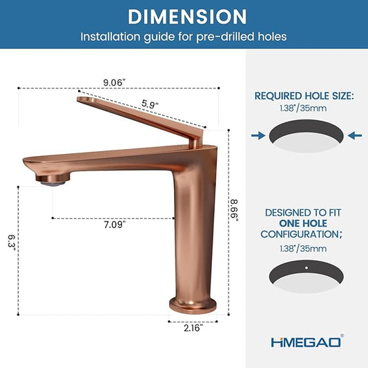 Bathroom Faucet Rose Gold, One Hole Single Handle Vessel Sink Faucet, Brass Bathroom Faucet for Vanity Sink Restroom Guestroom RVs
