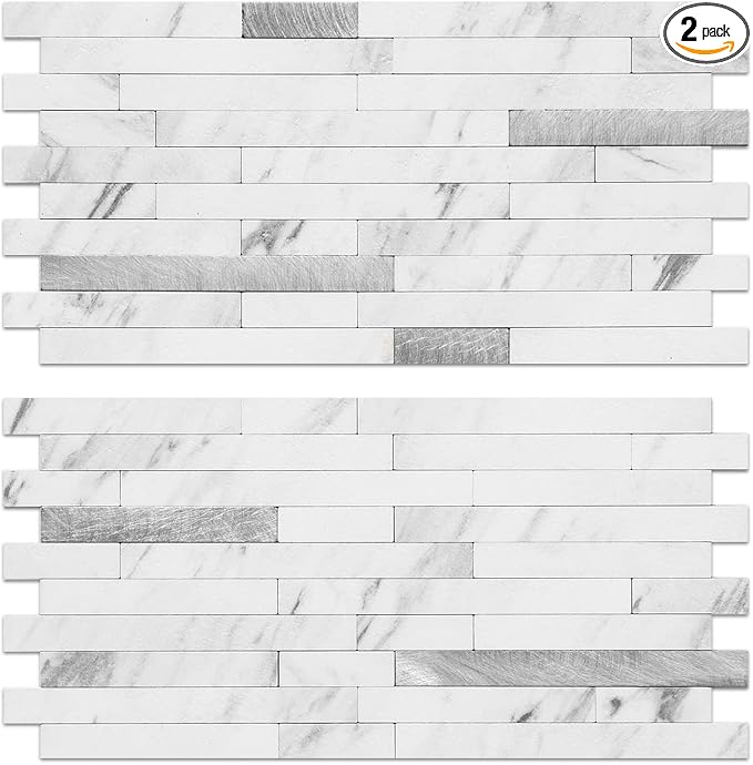 AULIGET Faux White Stone Peel and Stick Backsplash, 2 PVC Mixed Metal Wall Tiles Stick on Backsplash