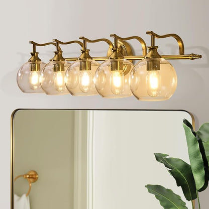 Brushed Gold Bathroom Light Fixtures, 5-Light Vanity Lights for Mirror, 35 Inch Modern Wall Sconces Lighting with Globe Clear Shade Up or Down Wall Mounted for Bedroom, Living Room, Hallway