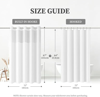 72x87 Ringless Linen Textured Shower Curtain with Snap in Liner, White | Extra Long Size, 3 in 1 Durable Fabric Shower Curtain, Removable Liner, Waterproof & Washable, Mesh Top Window, Easy Setup