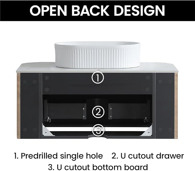 36" Preassembled Floating Bathroom Vanity with White Sink, Oak | Mid-Century Modern Style, Fluted & Soft-Close Drawer with U-shaped Wall, Sinterted Stone Countertop, Towel Rack Included