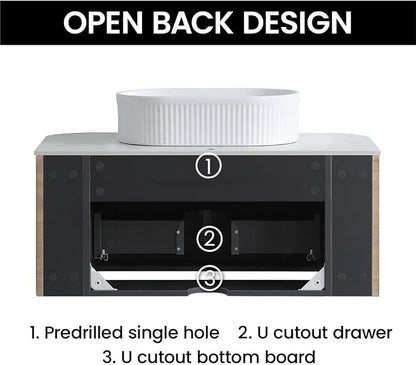 36" Preassembled Floating Bathroom Vanity with White Sink, Oak | Mid-Century Modern Style, Fluted & Soft-Close Drawer with U-shaped Wall, Sinterted Stone Countertop, Towel Rack Included