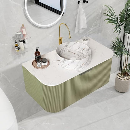 LKTART 36 Inch Floating Bathroom Vanity with Sink, Modern Wall Mounted Bathroom Storage Cabinet with Drawer, Stone Pattern Round White Ceramic Sink Top and Marble Texture Top, Green