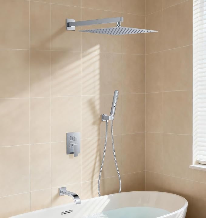 Chrome Shower System with Tub Spout, Wall Mounted Bathtub Shower Faucet Set, 12" Rainfall Shower Head and Handheld Shower Combo, High Pressure Shower Fixtures Set with Rough-in Valve