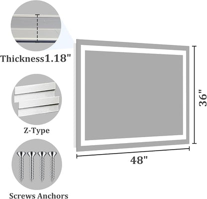 Koonmi 48x36 LED Bathroom Mirror with Light, Anti-Fog, 3 Colors | Backlit + Front Lit, Dimmable Brightness, Shatterproof HD Distortion-Free Tempered Glass, Hardware Included