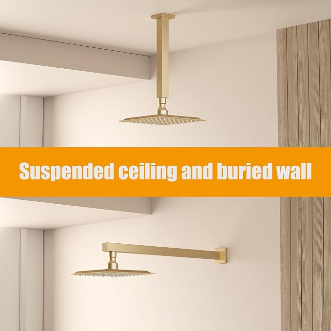 8 In Rain Shower Head High Pressure Rainfall Shower Head Brushed Gold | Square Rain Bathroom Showerhead, High Flow, Large Stainless Steel, Ceiling Mounted, Wall Mounted, Waterfall Full Body