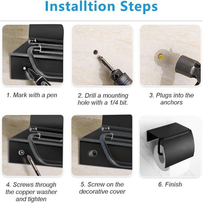 Matte Black Toilet Paper Holder Wall Mounted with Phone Shelf, Universal Modern Toilet Tissue Holder fit Mega Roll Toilet Paper, Cat Proof Toilet Paper Holder Bathroom Metal Aluminum Covered TP Holder | With Cover Lid, Cat Proof, Aluminum Metal, Rustpr...
