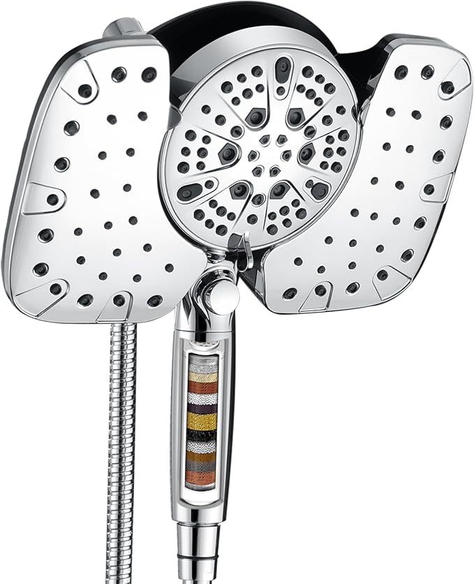 Rain Shower Head with Filtered Handheld Spray Combo Chrome 1.8 GPM | 10” Rainfall Showerhead with 9-Spray Detachable Handheld, High Pressure, ON/OFF Switch, 15-Stage Filter, Jet for Cleaning