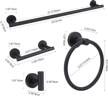Matte Black Bathroom Hardware Accessories Set 4 Pieces,Towel Bar Set Stainless Steel Wall Mounted, Includes 24 in Hand Towel Bar, Towel Ring, Toilet Paper Holder, Bathroom Towel Rack Set