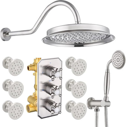 All Metal Thermostatic Shower System Backnets 9 Inch Shower Faucet Set with Rain Shower Head and Body Jets for Bathroom, Rough-in Valve Body and Trim kit Include, Brushed Nickel