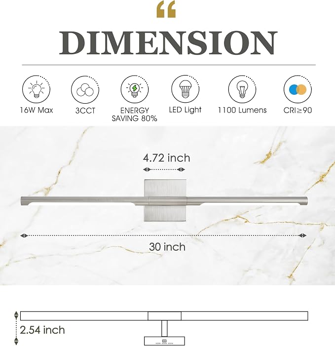 30 Inch Brushed Nickel LED Bathroom Vanity Light, 3CCT Dimmable | 16W, CRI90 Vanity Lighting Fixtures Over Mirror, 360° Rotatable Modern Bathroom Vanity Light Bar, AD-W9465-L75-SN