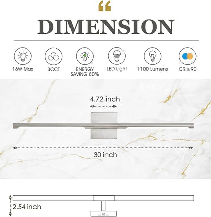 30 Inch Brushed Nickel LED Bathroom Vanity Light, 3CCT Dimmable | 16W, CRI90 Vanity Lighting Fixtures Over Mirror, 360° Rotatable Modern Bathroom Vanity Light Bar, AD-W9465-L75-SN