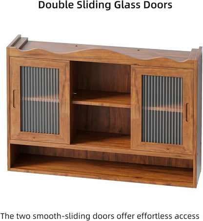 KEIKI 35.4" L Wall Mounted Kitchen Sideboard Cabinet with 2 Sliding Glass Door, 3 Layers Shelves, Retro Storage Buffet Medicine Cabinet for Bathroom, Dining Rooms, Entryway, Solid Wood, Walnut