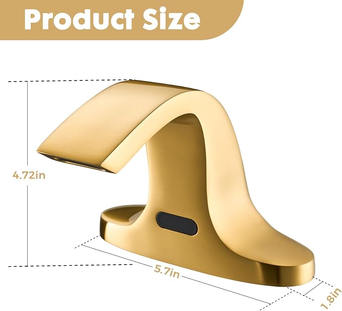 Touchless Bathroom Sink Faucet, Automatic Sensor Faucet for 3 Hole, Waterfall Spout, Brass, Gold Finish