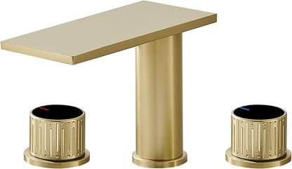 becola Brushed Gold Bathroom Faucet 3 Hole, 8 inch Widespread Bathroom Faucet with Top Storage, Waterfall Bathroom Faucet，2-Handle Modern Vanity Faucet with Adjust Knobs and Two Supply Lines