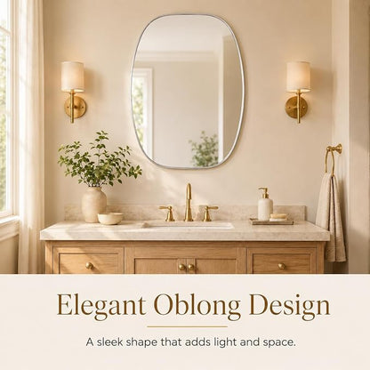 Silver Oval Bathroom Mirrors 24x32 Inch | Oblong Vanity Mirror, Crystal-Clear HD Glass, Rust-Proof Aluminum Frame, Inner-Curved Decor for Bedroom, Entryway