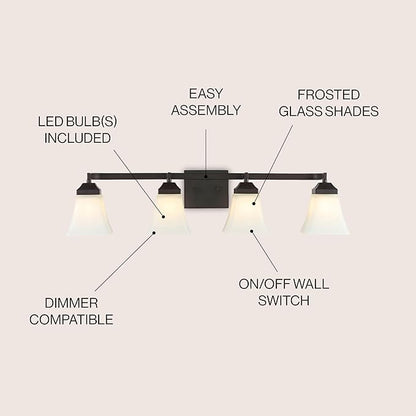 JONATHAN Y 33" Oil Rubbed Bronze Modern Cottage LED Vanity Light Wall Sconce, Farmhouse Wall Lamp for Bathroom Mirror Kitchen, White Glass Shade, LED Bulb Included (JYL7525A)