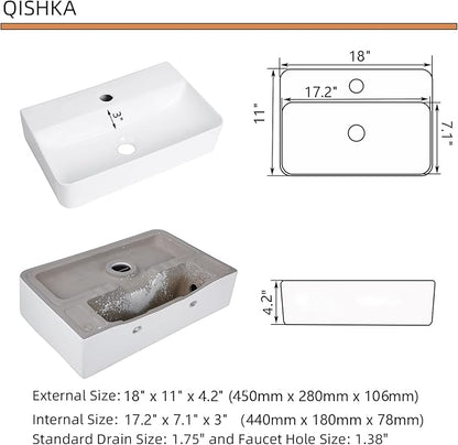 Wall Mounted Bathroom Vessel Sink, QISHKA 18" X 11" Rectangular Floating Ceramic Wash Hand Basin White Wall Hung Vanity Sink for Bathroom and Cloakroom