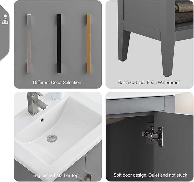 Vanity Art 24 inch Bathroom Vanity with Single Sink & Ceramic Top, Vanity Cabinet with Soft-Closing Doors, Solid Wood Frame, Cashmere Gray, VA9024-G-MB1