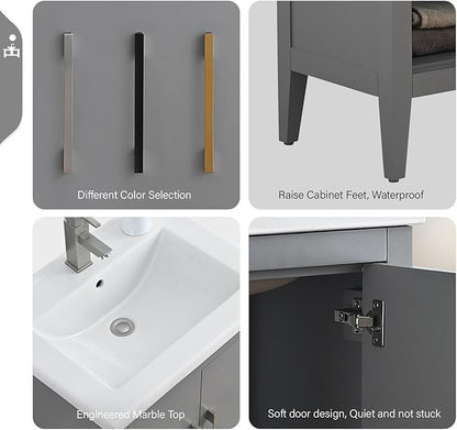 Vanity Art 24 inch Bathroom Vanity with Single Sink & Ceramic Top, Vanity Cabinet with Soft-Closing Doors, Solid Wood Frame, Cashmere Gray, VA9024-G-MB1