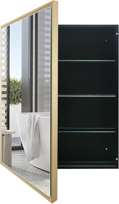 24”x30” Medicine Cabinet with Aluminum Frame,Surface or Recessed Medicine Cabinet Mirror for Bathroom,Bathroom Mirror with Storage,Gold