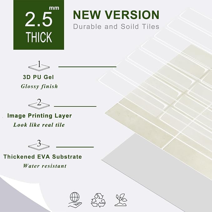STICKGOO 10-Sheet Peel and Stick Backsplash Tile(Thicker Design) | Self Adhesive Vinyl Wall Tiles, 3D DIY Subway Tiles, Stick on Backsplash for Kitchen and Bathroom(Beige)