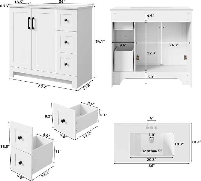 LIKIMIO 36" Bathroom Vanity with Sink, 2 Soft-Close Drawers & Doors, White | Freestanding Bathroom Vanity, Integrated Rectangular Ceramic Sink, Modern Bathroom Storage Cabinet, Assembly Required