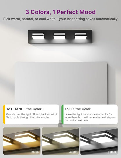 Modern Bathroom Vanity Light, 22" 3-Light Bathroom Light Fixtures Over Mirror, LED Bathroom Light 3000K 4000K 5000K CCT Adjustable, Matte Black