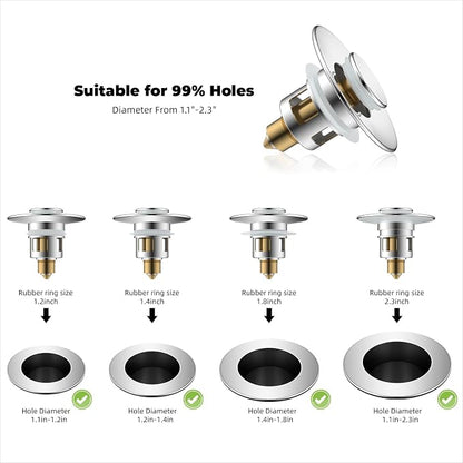 Hibbent 2 Pack All Metal Universal Bathroom Sink Stopper for 1.1''~2.3'' Basin, Pop Up Sink Drain Strainer, Brass Bullet Core Push Type Stopper, Stainless Steel Anti Clogging Drain Filter, Chrome