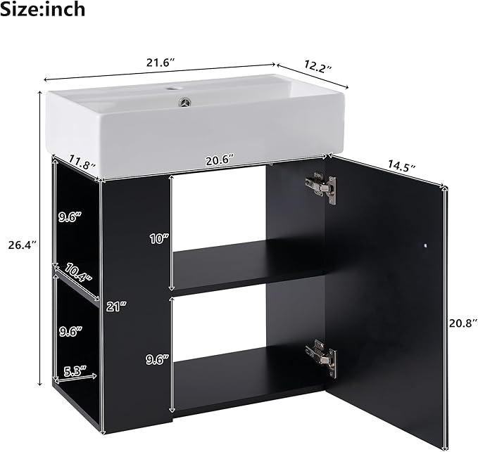 Merax 20 Bathroom Vanity Sink Combo, Wall Mounted Cabinet Sink Set with Ceramic Basin for Small Space, Undermount Sink Cabinet, Black