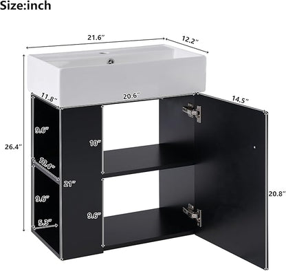 BNSPLY 22 Inch Floating Bathroom Vanity with Sink, Wall Mounted Bathroom Vanity Cabinet with Ceramic Sink, Modern Single Basin Vanities, Small Restroom Basin Cabinet with Left Side Storage, Black