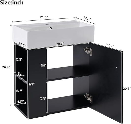 BNSPLY 22 Inch Floating Bathroom Vanity with Sink, Wall Mounted Bathroom Vanity Cabinet with Ceramic Sink, Modern Single Basin Vanities, Small Restroom Basin Cabinet with Left Side Storage, Black