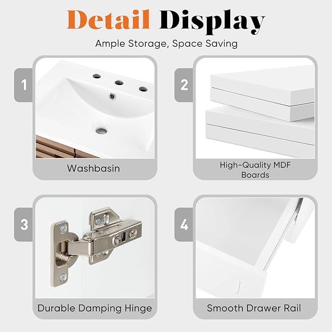 Sweetcrispy 24" Modern Bathroom Vanity with Ceramic Basin, Undermount Vanity Sink Cabinet with 2 Doors and 1 Drawer, Free Standing Bathroom Storage Cabinet with Sink Combo Set, Ivory