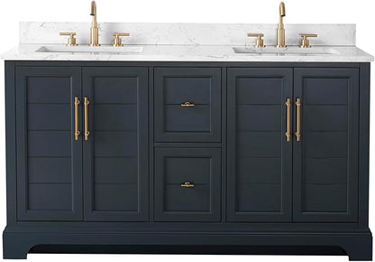 HOMEBEYOND 60 Inch Bathroom Vanity with Double Sink & Ceramic Top, Vanity Cabinet with Center Countertop Basin, Soft-Closing Doors, Backsplash, Vintage Spruce Blue