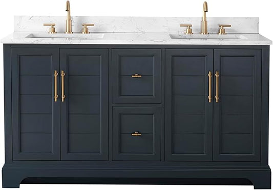 HOMEBEYOND 60 Inch Bathroom Vanity with Double Sink & Ceramic Top, Vanity Cabinet with Center Countertop Basin, Soft-Closing Doors, Backsplash, Vintage Spruce Blue